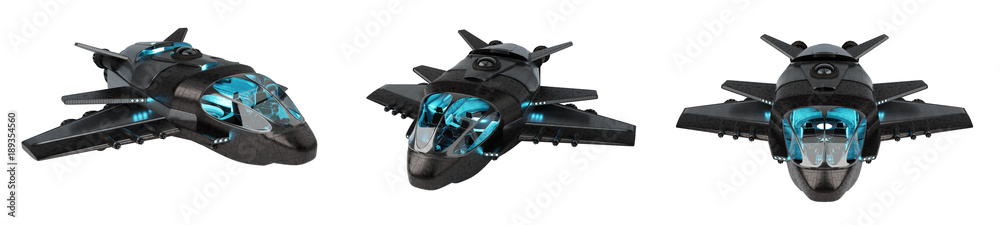 Poster Futuristic spacecraft collection isolated on white background 3D rendering