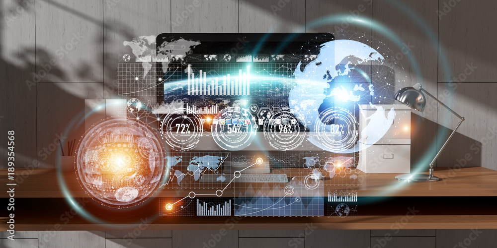Poster Workplace with modern devices and hologram screens 3D rendering