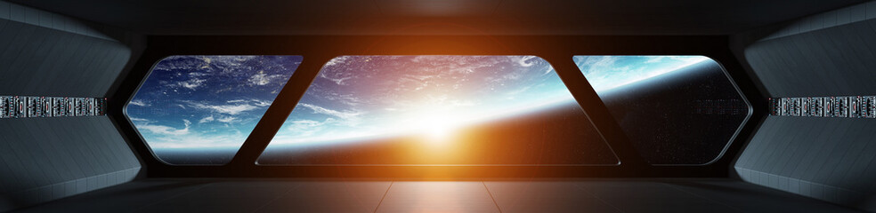 Spaceship futuristic interior with view on planet Earth - obrazy, fototapety, plakaty