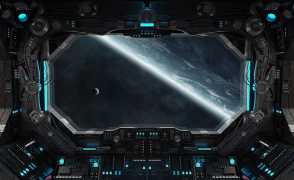 Fototapeta Spaceship grunge interior with view on planet Earth