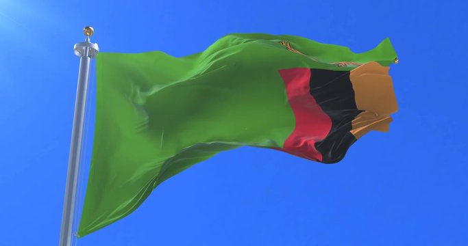 Zambia flag waving at wind in slow with blue sky, loop