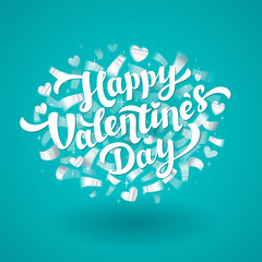 Happy Valentines Day Lettering with silver confetti. 14th of february greeting card. Hans drawn lettering with silver hearts on blue background.