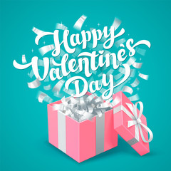 Sant Valentines Day greeting card. White Happy Valentines day lettering and pink Gift box color with silver confetti hearts on aqua blue background.