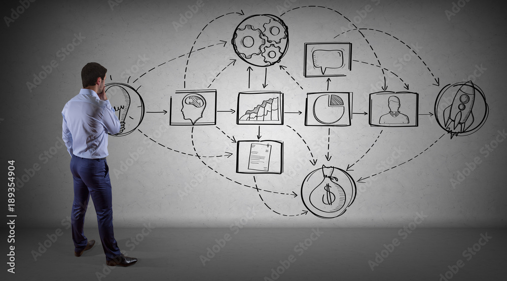 Poster businessman watching a project sketch on a wall 3d rendering