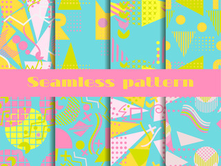 Memphis seamless pattern set. Geometric elements memphis in the style of 80's. Pastel colors. Vector illustration