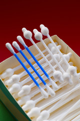 Box with swabs, cotton swabs for makeup, cosmetic, accessories ear cleaning, cotton swab stick buds medical use