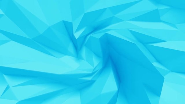 Abstract Low Poly Twist Loop 1C: ice cool blue cyan polygonal geometric surface background with center swirl, constraint, stress, knot, tornado, twist, spiral, vortex. Seamless loop.