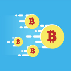 The fly forward of the cryptocurrency. Bright illustration in a flat style. Vector illustration of bitcoin digital cryptocurrency
