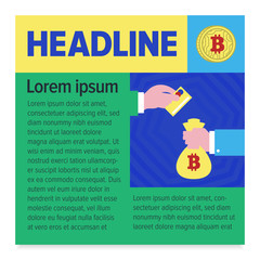 Colorful illustrated template on the topic of cryptocurrencies and blockchain technology. The hand with the card is exchanged for a sack of bitcoin. The design for your site or blog