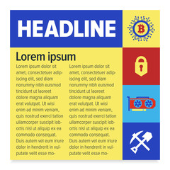 Colorful illustrated template on the topic of cryptocurrencies and blockchain technology. The design for your site or blog