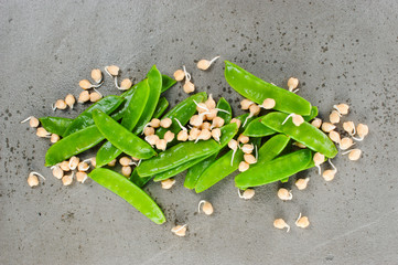 Mix of sweet peas pods and sprouted chickpeas on the gray table