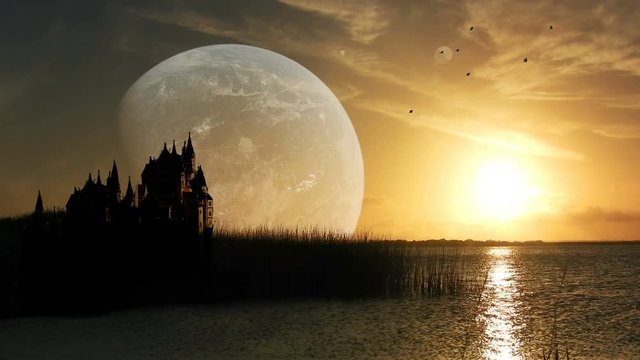 4k Fantasy or Sci-fi futuristic landscape.  Low setting sun with wonderful reflection and large planet with moons in sky with large fairy tale like castle silhouetted against the sky..