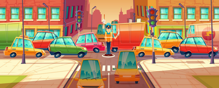 Vector illustration of city crossroads, traffic jam, transport moving, vehicles navigation. Urban highway, crosswalk with traffic lights, machines, automobiles. Town view