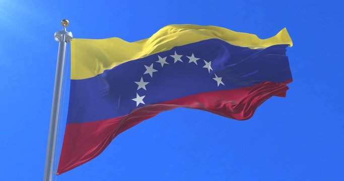 Venezuela flag waving at wind in slow with blue sky, loop