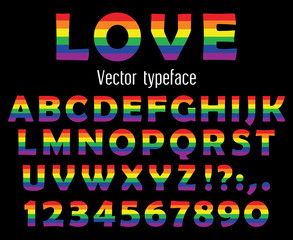 Multicolored celebrate pride typeface. ABC colorful letters and numbers isolated on black. Vector illustration.