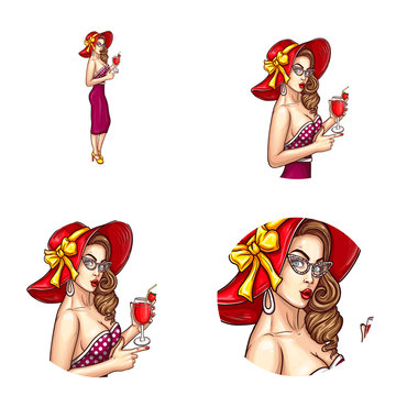 Vector pop art avatar of pin up sexy girl in a red hat with eyeglasses and cocktail. Great icon for invitation to parties or advertising discounts and sales.