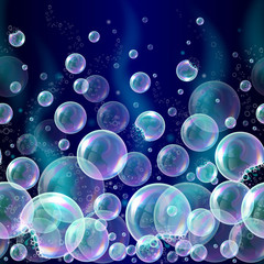 Vector 3d soap transparent bubbles background. Banner with water spheres, underwater concept. Realistic balls, soapy balloons, soapsuds, shampoo. Glossy foam aqua, bright abstract illustration.