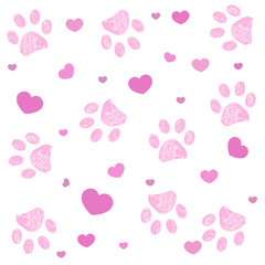Pink paw print with hearts background - obrazy, fototapety, plakaty