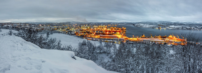 Marine station in winter in overcast weather, Murmansk, Russia