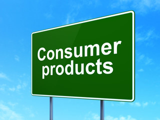 Finance concept: Consumer Products on green road highway sign, clear blue sky background, 3D rendering