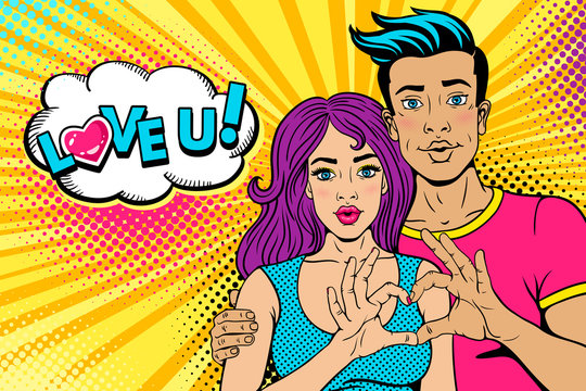 Wow couple. Happy young man sexy woman with open mouth show heart sign by their hands and Love you speech bubble. Vector bright background in retro pop art comic style. Valentines day party poster.