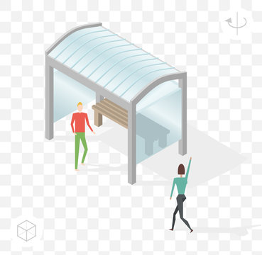 Isometric High Quality City Element with 45 Degrees Shadows on Transparent Background . Bus Stop