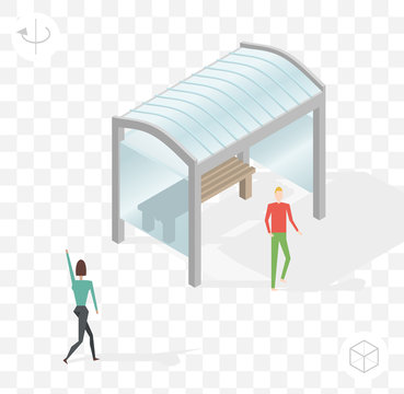 Isometric High Quality City Element with 45 Degrees Shadows on Transparent Background . Bus Stop