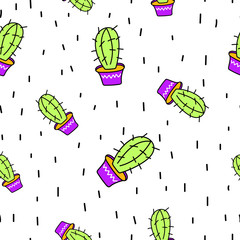Doodle cactus seamless pattern on white background. Hand-drawn kids style vector illustration. Floral texture design