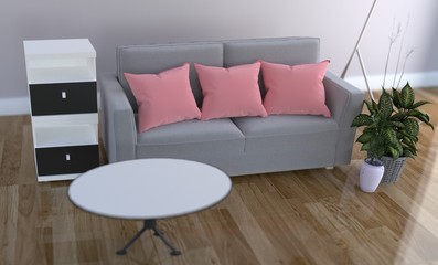 Pink pillow on sofa - Living Room interior. 3D rendering