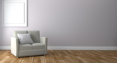 Room Interior has a sofa and lamp on empty white wall background,3D rendering