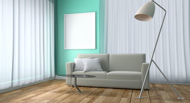 Mint Living Room Interior Design - Green mint style with sofa table lamp and frame, wooden floor on green mint wall background. 3D rendering