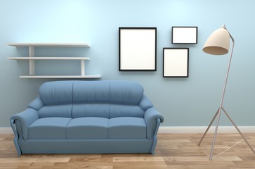 Modern Room Interior - blue style with sofa frame and lamp. 3D rendering