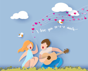Valentines day card. Abstract background with couple in love singing song. Vector illustration. Paper cut and craft style.