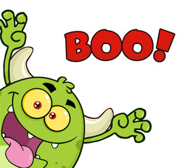 Green Monster Cartoon Emoji Character Scaring. Illustration Isolated On White Background With Text Boo