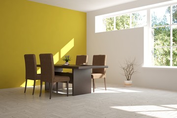 White dinner room with summer landscape in window. Scandinavian interior design. 3D illustration