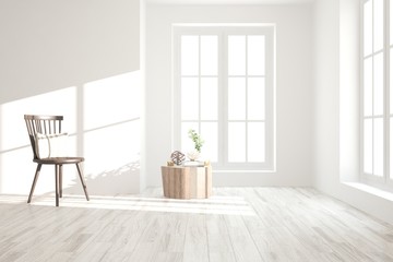 Inspiration of white minimalist room with chair. Scandinavian interior design. 3D illustration
