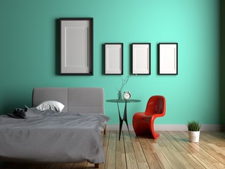 Mint Bedroom Interior with chair, table, frame, clock, plants on wooden floor on green mint wall. 3D rendering