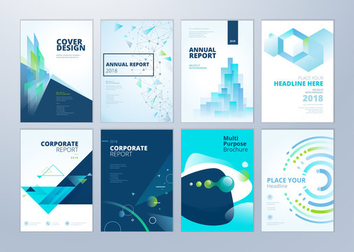Set of brochure, annual report, flyer design templates in A4 size. Vector illustrations for business presentation, business paper, corporate document cover and layout template designs.