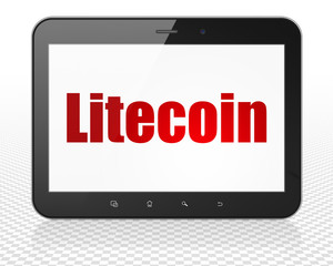 Cryptocurrency concept: Tablet Pc Computer with red text Litecoin on display, 3D rendering