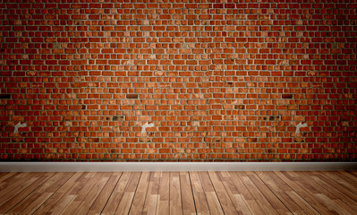 Empty - Brick wall background on wooden floor. 3D rendering
