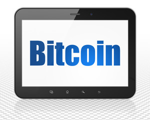 Blockchain concept: Tablet Pc Computer with blue text Bitcoin on display, 3D rendering