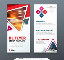 DL Flyer design. Red, orange template dl flyer banner. Layout with modern triangle photo and abstract background. Creative concept flyer, banner or brochure.