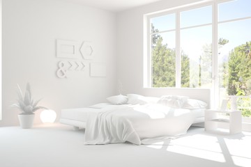 Inspiration of white minimalist  bedroom with summer landscape in window. Scandinavian interior design. 3D illustration