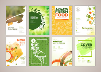 Set of restaurant menu, brochure, flyer design templates in A4 size. Vector illustrations for food and drink marketing material, ads, natural products presentation templates, cover design. - obrazy, fototapety, plakaty