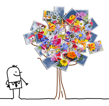 Cartoon Man Watching a Flowering photographic Tree