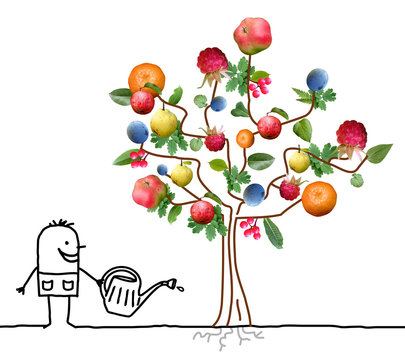 Cartoon Gardener Watering Multi Fruits Tree