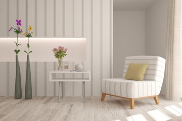 Inspiration of white minimalist room with armchair. Scandinavian interior design. 3D illustration