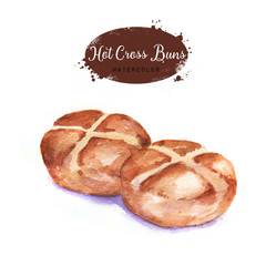 Hand-drawn watercolor hot cross buns isolated on the white background. Easter holiday dish