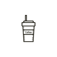 black and white linear icon of a paper cup of coffee with a straw