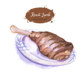 Hand-drawn watercolor roast lamb isolated on the white background. Easter holiday dish